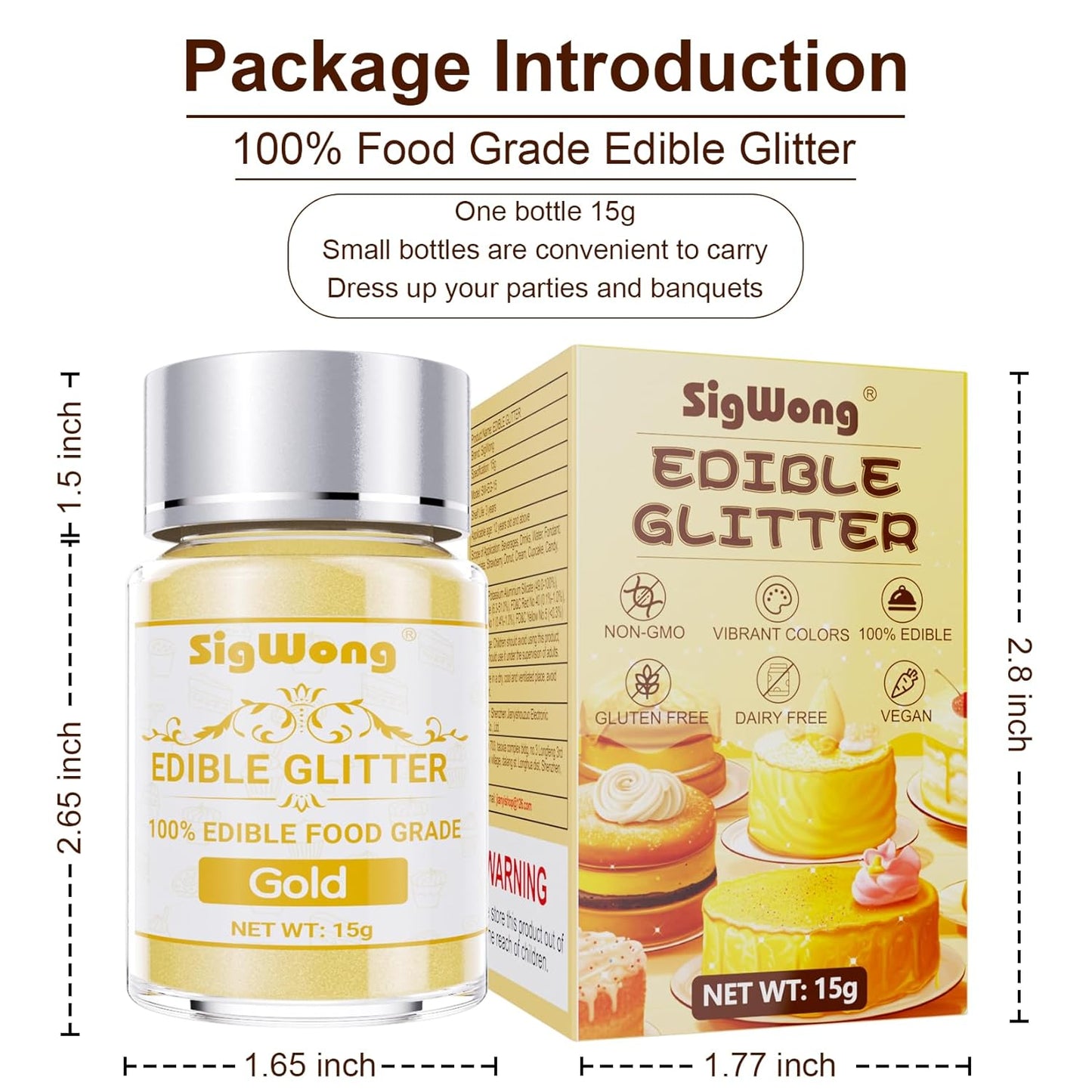 Gold Edible Glitter - 15g Food Grade Luster Dust Powder, Cake Decorating Sprinkle Glimmery Dust for Drinks, Wine, Fondant, Chocolate, Candy, Cookie, Vegan