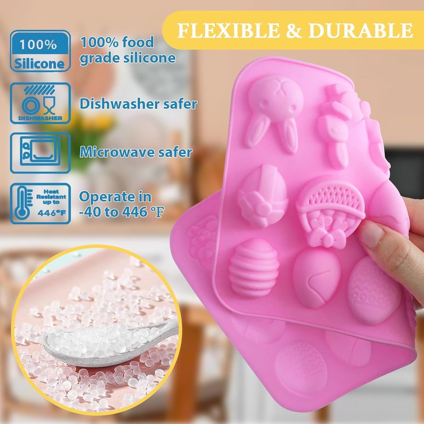 HKNMTT Easter Silicone Candy Mold 4-PACK 9 Shaped Egg Rabbit 72 Cavities Chocolate Mould Wax Melt Tray for Gummies Cupcake Decor Kids Holiday Gift Fudge Making Set
