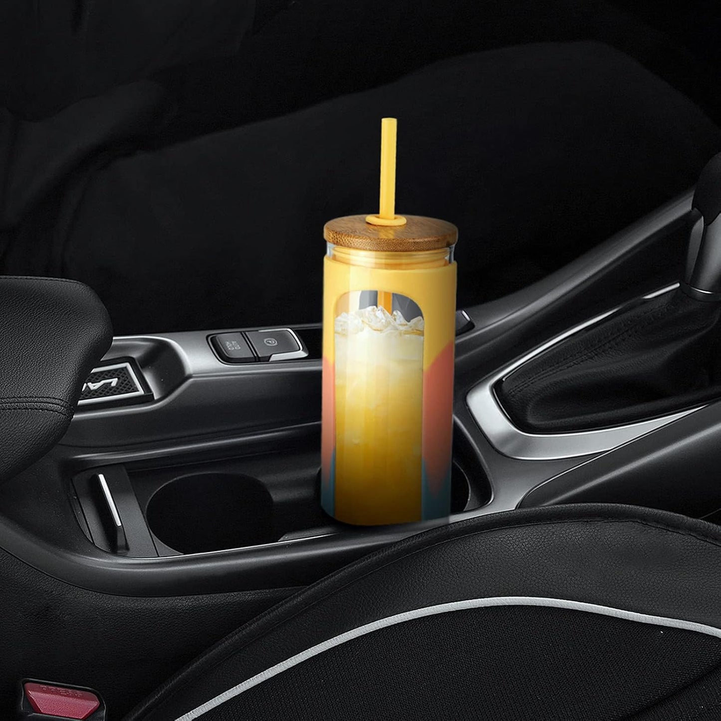 Kodrine 20oz Glass Tumbler with Straw and Lid, Iced Coffee Cups with Bamboo Lids, Glass Cups for Cold Drinks, Smoothie Cup with Silicone Sleeve for Travel, Work, BPA FREE-Red Yellow