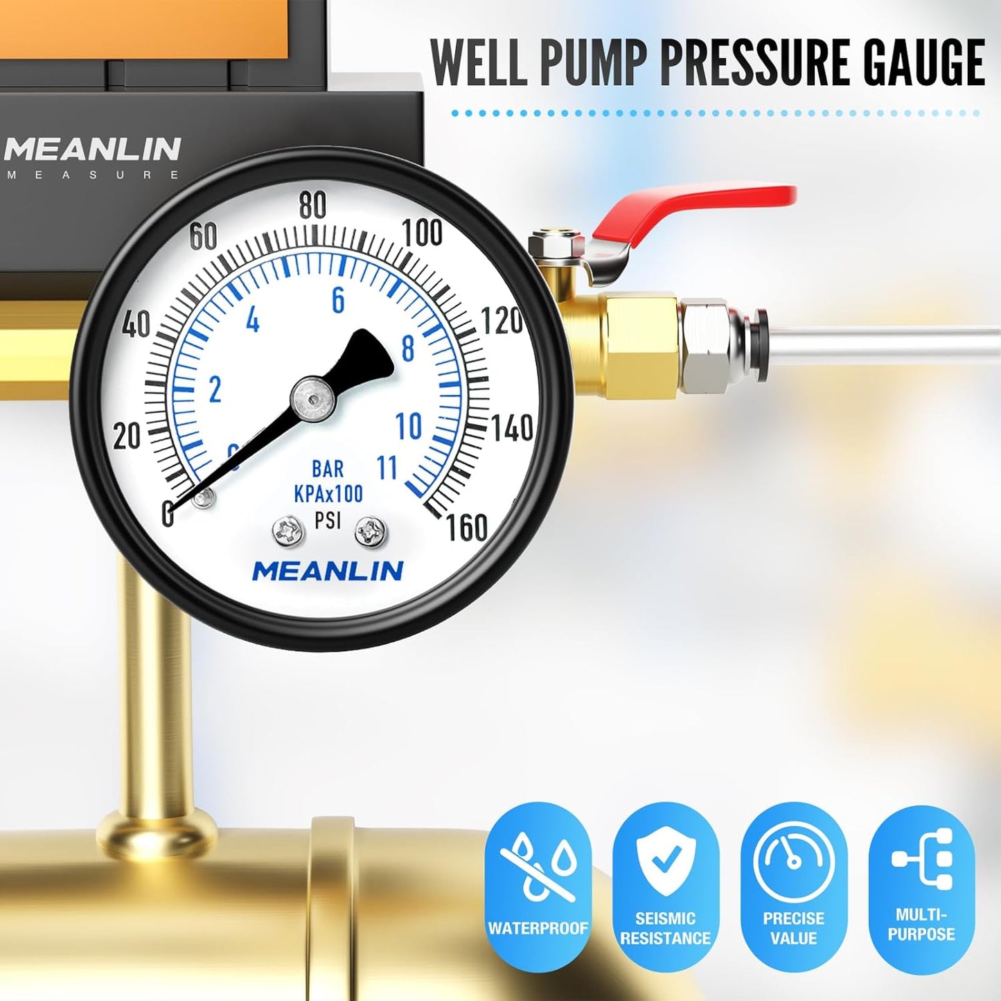 MEANLIN MEASURE 0-160Psi Well Pump Pressure Gauge 1/4" NPT 2" FACE DIAL for Air Compressor RV Regulator Water Pressure Tester Back Mount, with Teflon Tape