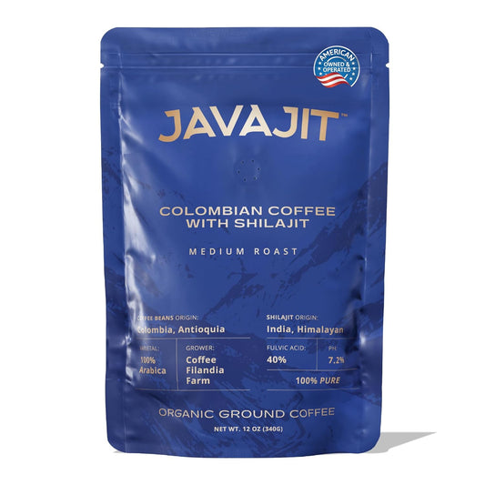 Colombian Coffee with Shilajit – Medium Roast Organic Ground Coffee, Energy & Immunity Boost, 250mg Himalayan Shilajit per Serving, 16 Servings