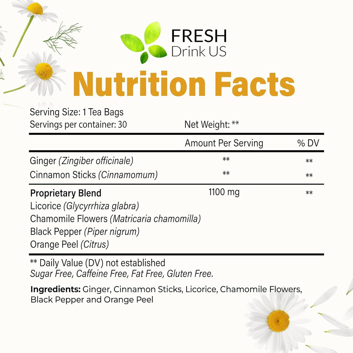 FreshDrinkUS, Premium 30 Tea Bags Immune Support Herbal Tea, Ginger, Cinnamon, Chamomile, Licorice Root, Black Pepper and Orange Peel – 100% Natural, Caffeine-Free, Vegan