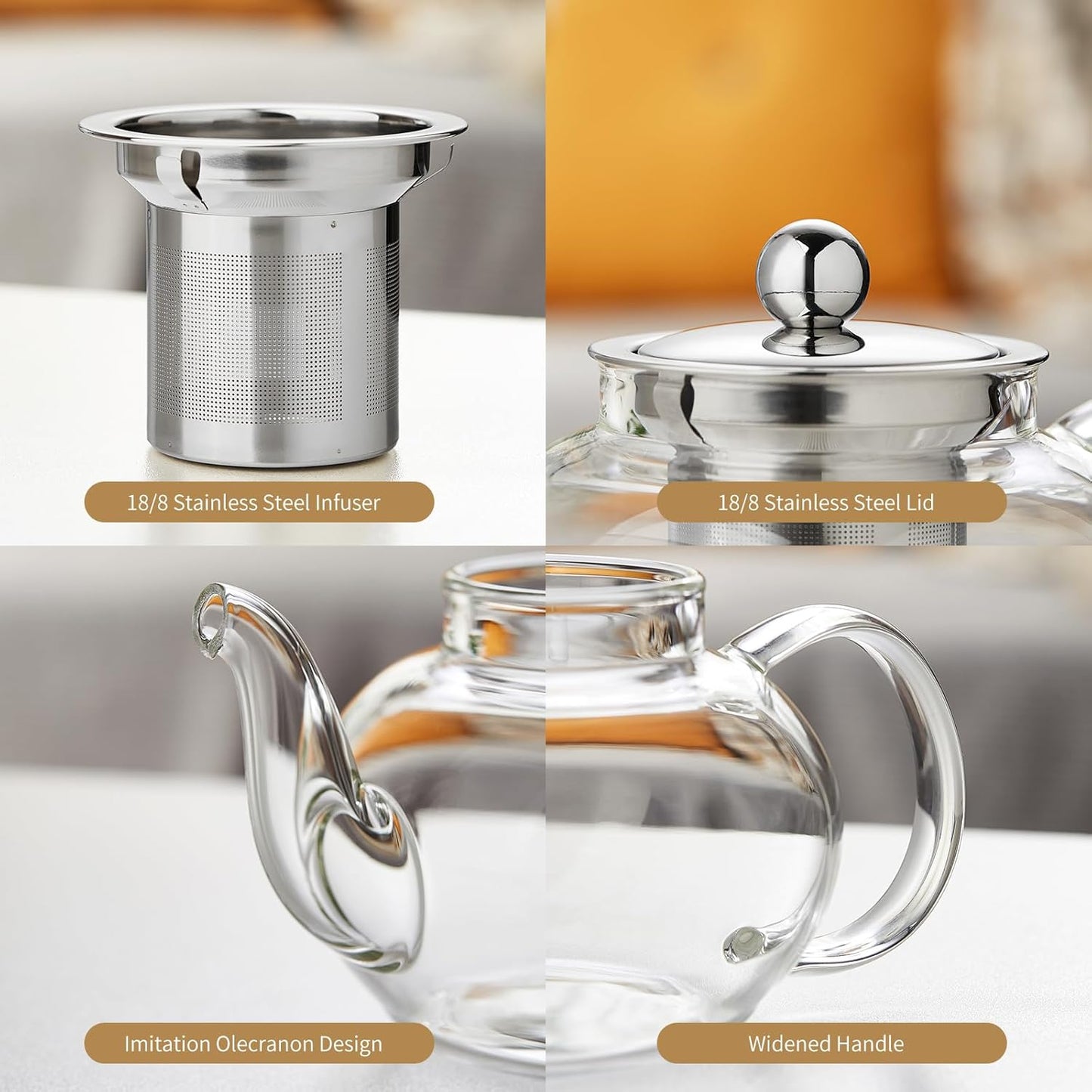 Glass Teapot Stovpetop Safe,20 oz/ 600 ml Stove Top & Microwave Safe Small Borosilicate Glass Kettle with Loose Leaf Tea Strainer For Flower Blooming Tea, Clear