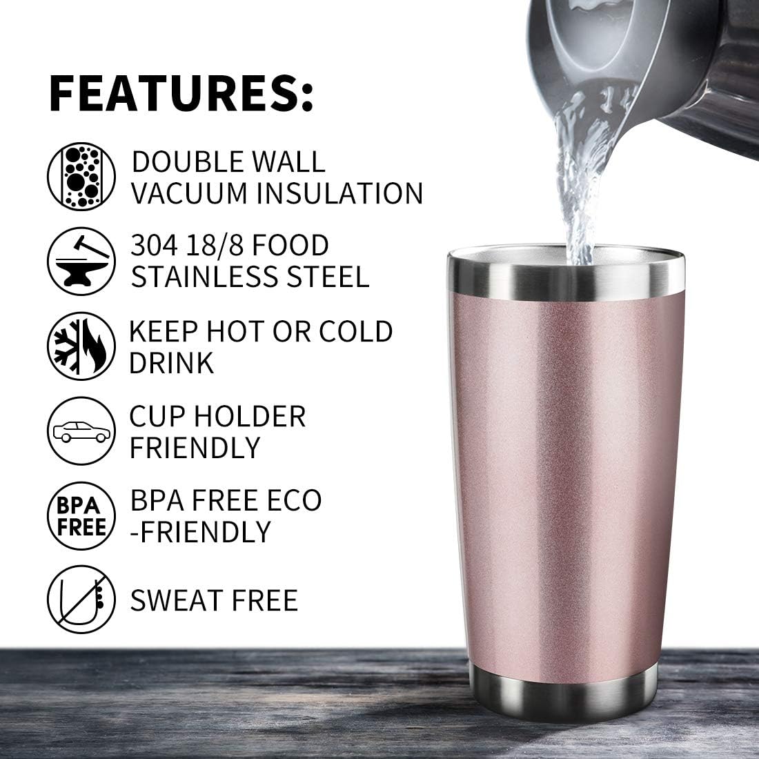 20oz Tumbler Bulk Stainless Steel Vacuum Insulated Tumblers with Lid Double Wall Travel Mug Durable Powder Coated Coffee Cup, Suitable for Ice Drinks and Hot Beverage (Rose gold 1pack)