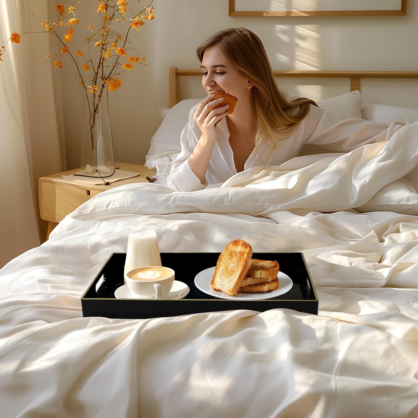 MAONAME Black Decorative Tray for Coffee Table, Modern Serving Tray with Handles, Plastic Rectangular Tea Tray for Ottoman, Bathroom Decor, 15.8” X 10.2” x1.4