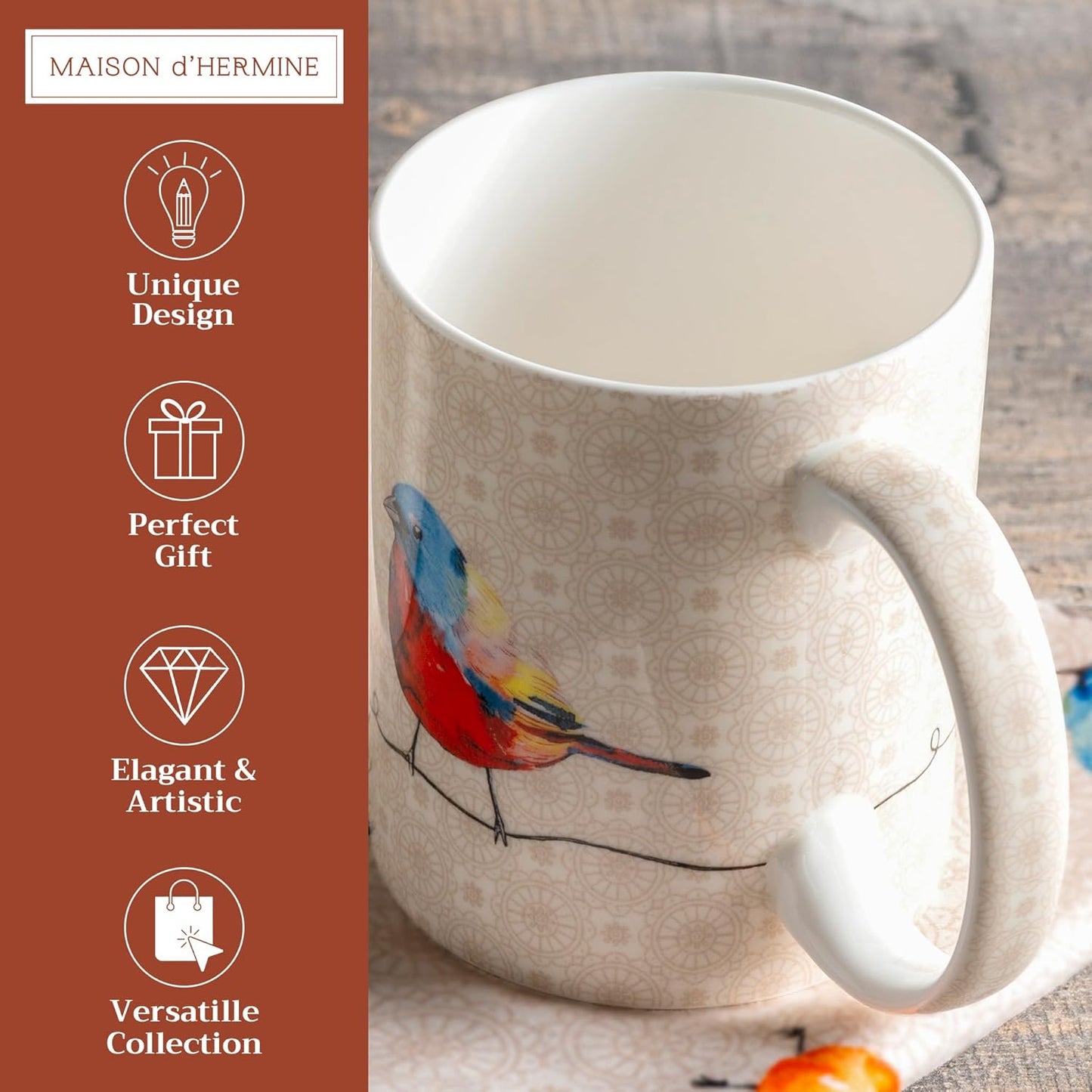 Maison d' Hermine Coffee Mug with Handles Fine Bone China Mugs Pack of One Tea Cups for Hot Beverages Cappuccino Latte Home Restaurant Office Perfect for Gift (Birdies On Wire - Robin, 12 Ounce)