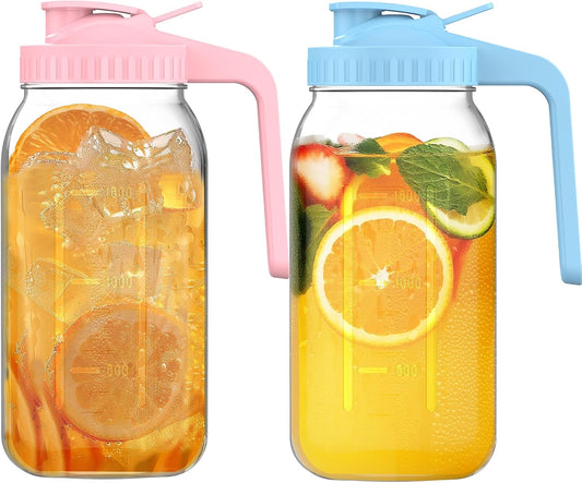2-Pack 64oz Glass Mason Jar Pitchers with Leak-Proof Lids and Handles – Wide Mouth Design for Sun Tea, Cold Brew, Lemonade, Juice, Iced Tea, and Water