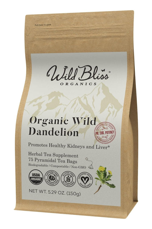 Wild Bliss Organic Wild Raw Dandelion Root Tea - Pharmacopoeia Quality Caffeine Free Herbal Detox Support - 75 Plant Based Tea Bags