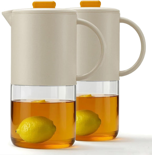 Delove Borosilicate Glass Pitcher with Lid & Auto Spout – Shatterproof Plastic Shell, Wide Mouth Design – 62 oz (1.9 Quart) Jug for Boiling Water, Iced Tea, Juice & Cold Brew Coffee (2, Beige)