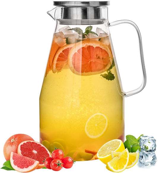 Glass Pitcher with Lid,1 Gallon Glass Water Pitcher Hot/Cold Water Jug, Juice and Iced Tea Beverage Carafe with Lid (Extra-Wide Mouth)