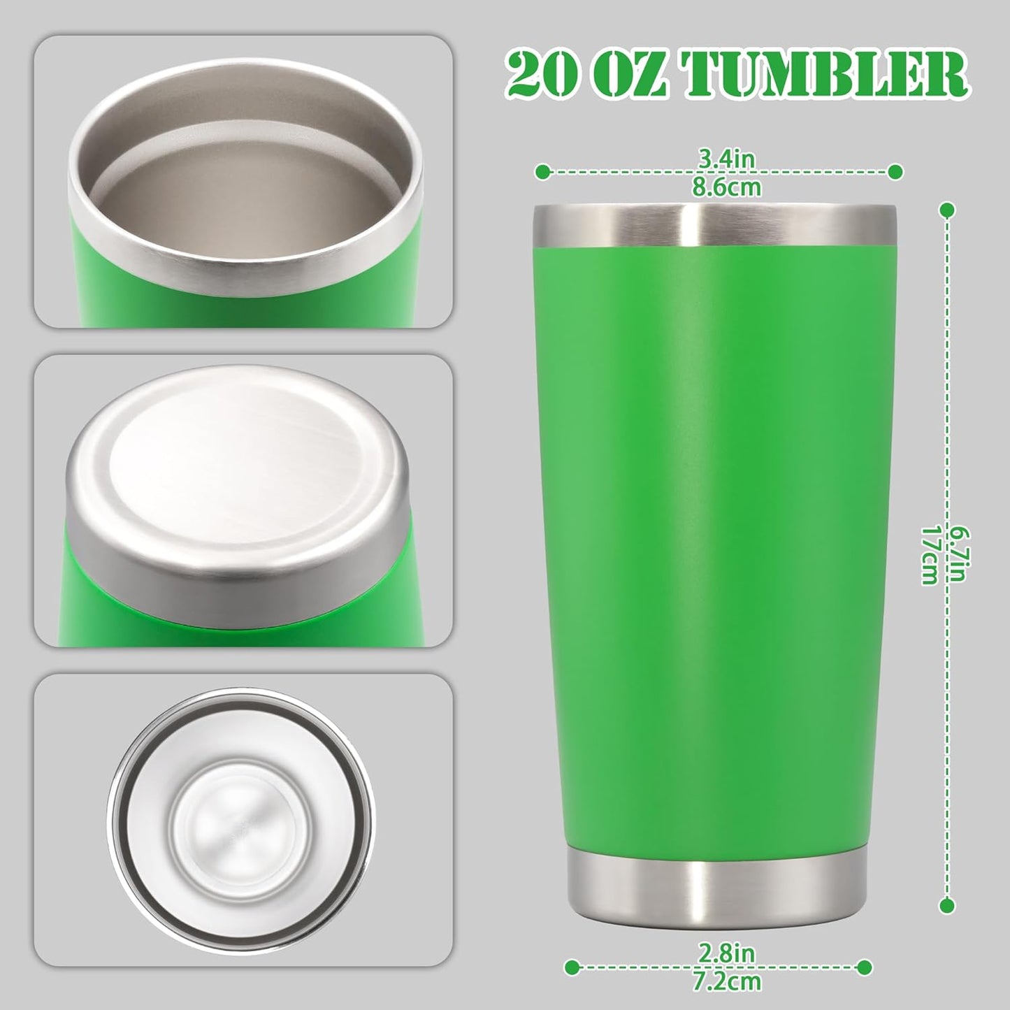 20 oz Tumbler with lid Double Wall Vacuum Insulated Tumblers Stainless Steel Coffee Mug Travel Coffee Tumbler Powder Coated Tumbler Cup Keep Hot&Cold - (Green 6 Pack)