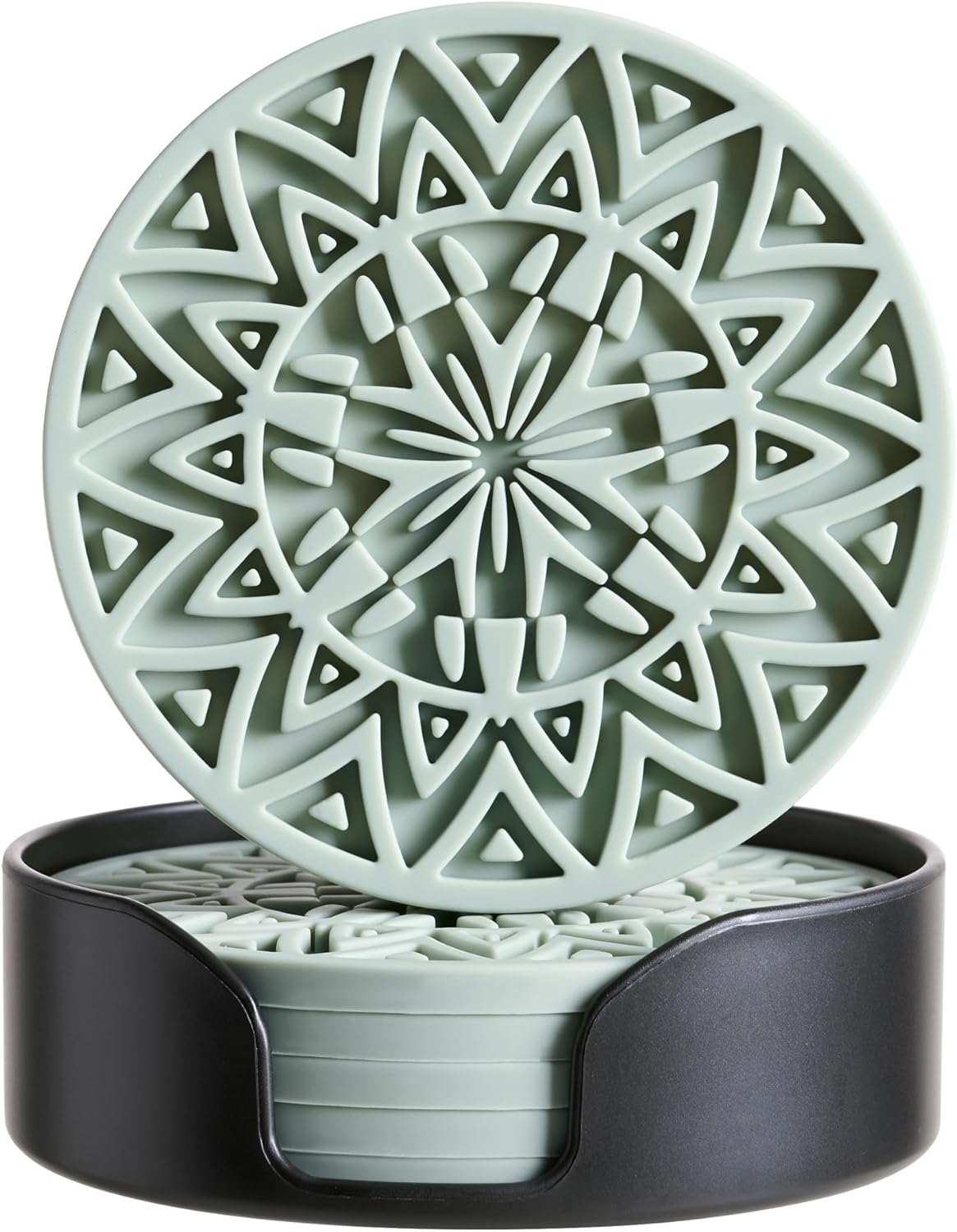 Set of 6 Sage Green Silicone Coasters with Holder, Drink Coasters with Tribal Pattern Shape- for Table Protection, Anti Slip, Nonstick, Heat Resistant, Deep Tray