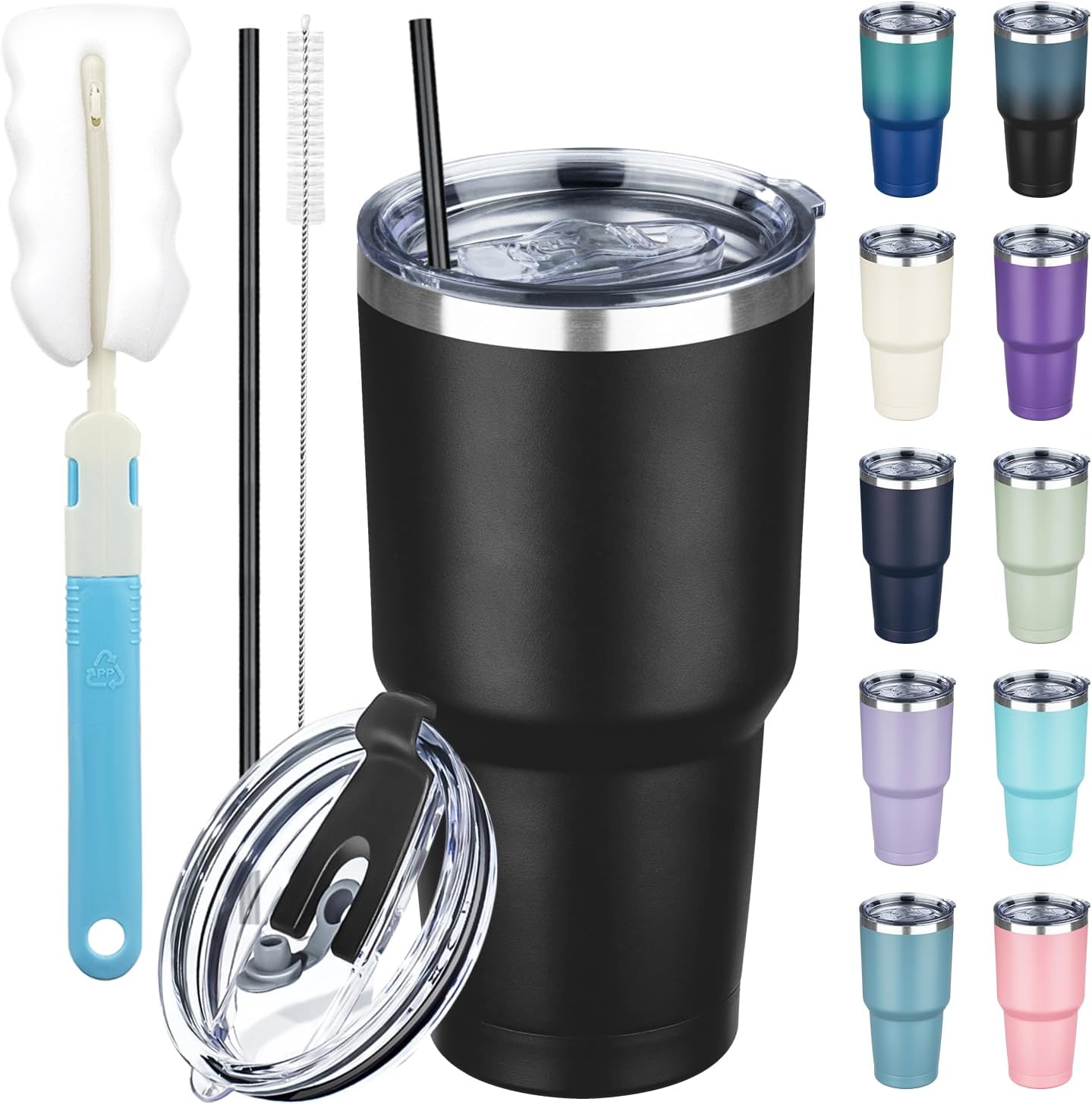 30 oz Tumbler with Lids and Straws, Stainless Steel Insulated Coffee Tumbler, Double Wall Vacuum Insulated Travel Mug Cup, Leakproof Thermal Coffee Cup for Hot and Cold Drinks (Black)