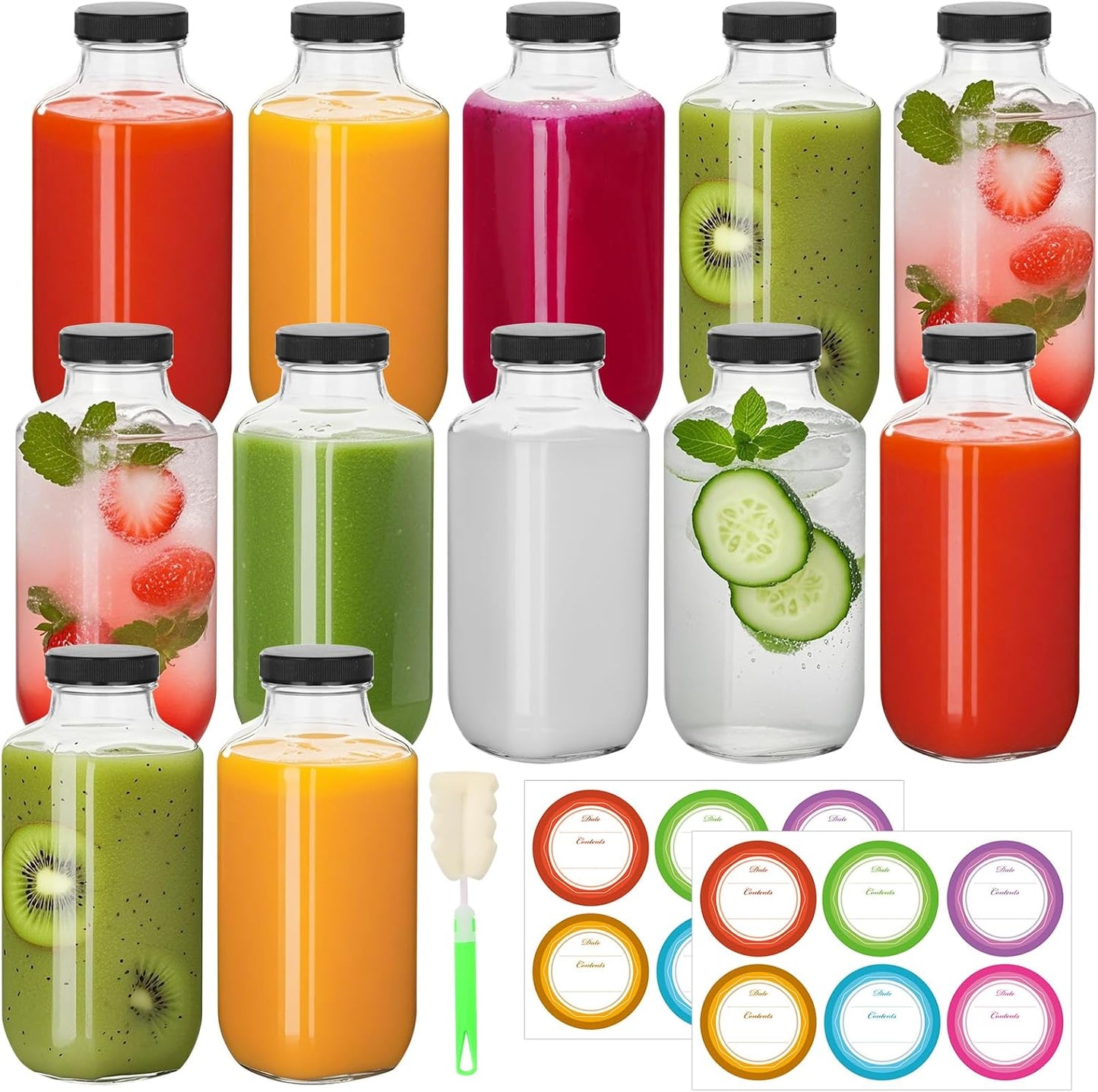 BIGIVACA 16 oz Glass Juice Bottles with Lids,12 PACK Bottles for Juicing,Square Drinking Jars Glass for Coffee,Cola,Milk,Tea in Travel,Work,School