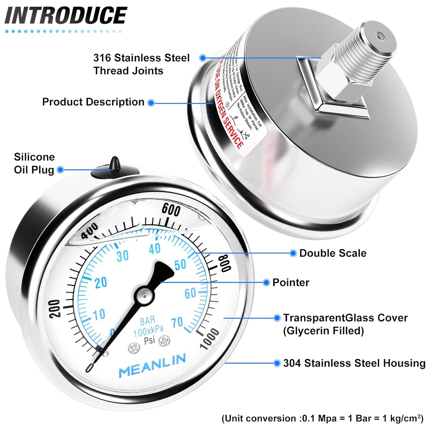 MEANLIN MEASURE 0~1000Psi Liquid Filled Pressure Gauge Stainless Steel with 316 Stainless Steel Joint 1/4" NPT 2.5" FACE DIAL for WOG Water Oil Air Center Back Mount