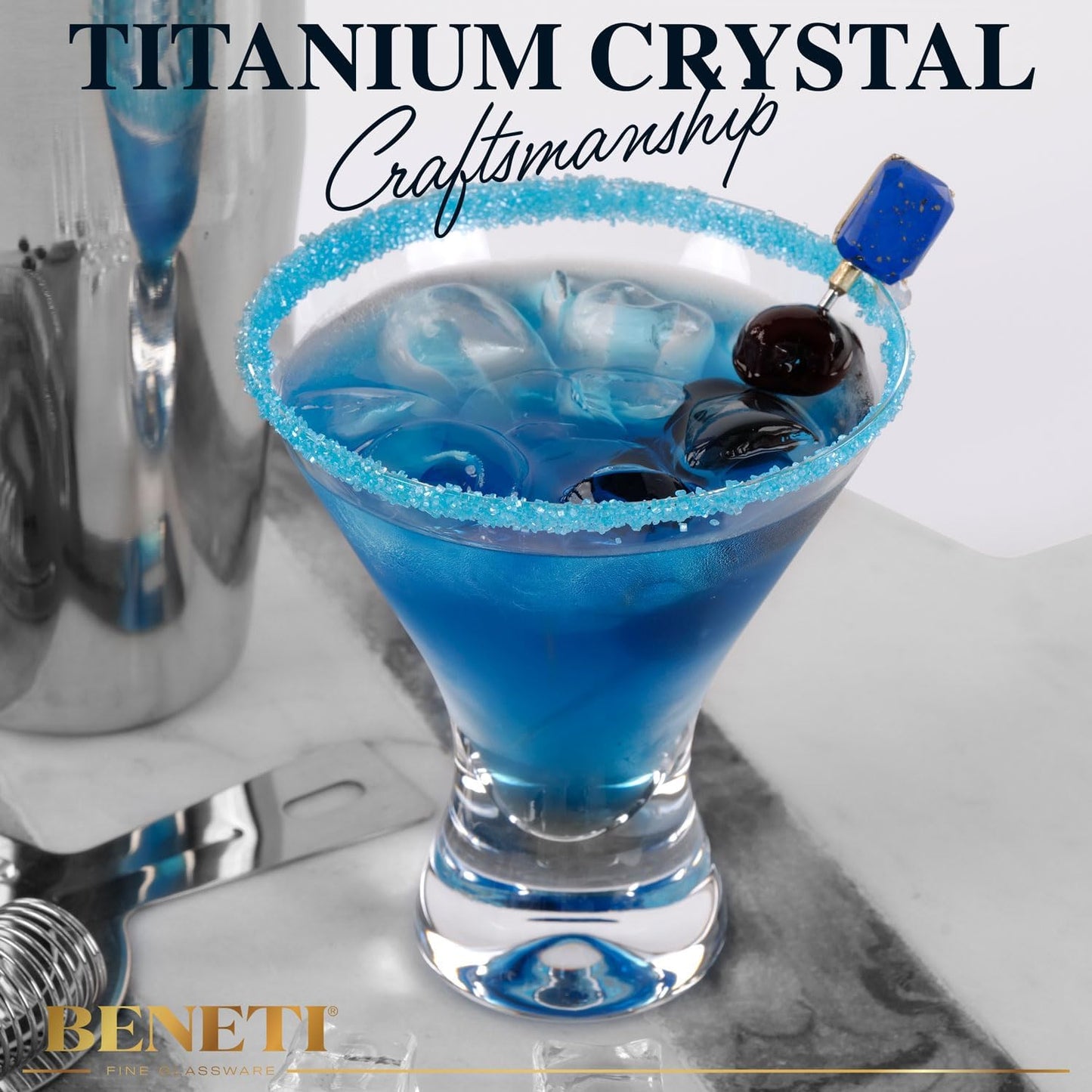 BENETI Martini Glasses Set of 4 | Made in Europe | 8oz Clear Stemless Cocktail Bar Drinking Glassware Set for Parties (4 Pack)