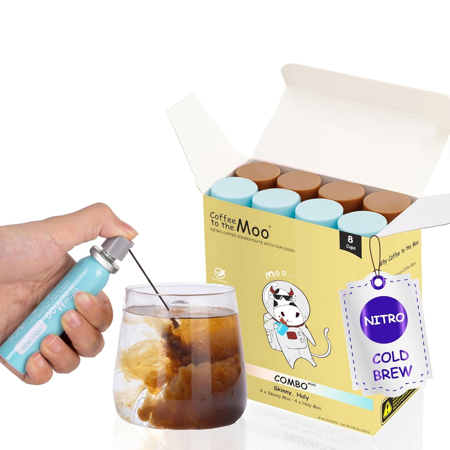 Coffee to the Moo Nitro Cold Brew Coffee Concentrate Combo Pack - KETO & Mushroom Coffee | Instant Iced or Hot | Pocket/Purse Sized, Travel & Gifts Friendly | Makes 8 Cups