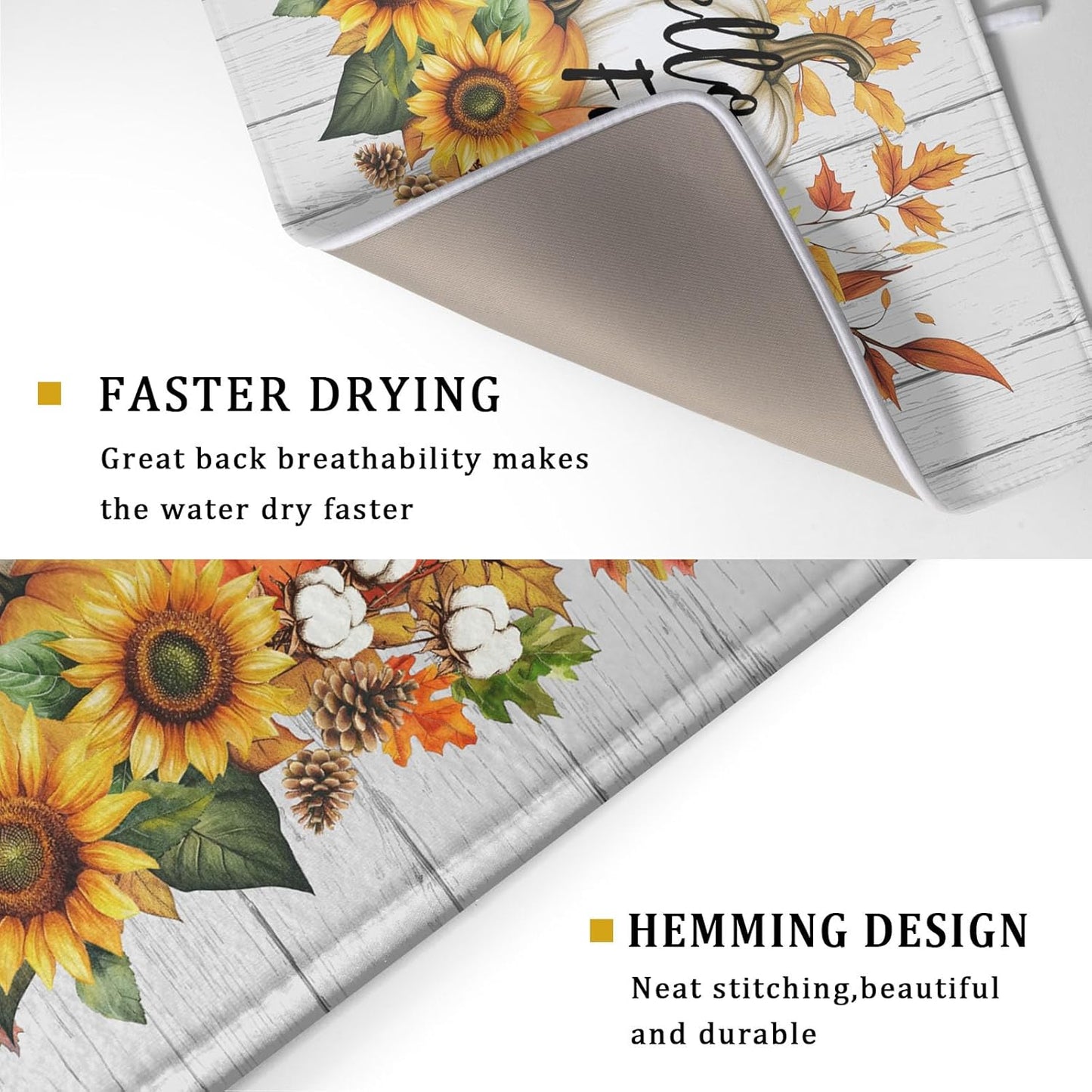 Hello Fall Sunflowers Dish Drying Mat for Kitchen Counter,Autumn Pumpkin Maple Leaves Drying Mat 18 x 24 Inch with High Absorbent Microfiber Dish Drying Drainer Mat for Coffee Bar