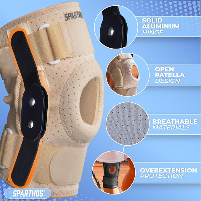 Sparthos Knee Brace - Heavy-Duty Hinged Support for ACL, MCL, Meniscus Tear, Arthritis, Tendons Pain - Open Patella - 4-Strap Adjustable - For Men and Women (Plus Size, XXX-Large, Thigh 20-28 in)