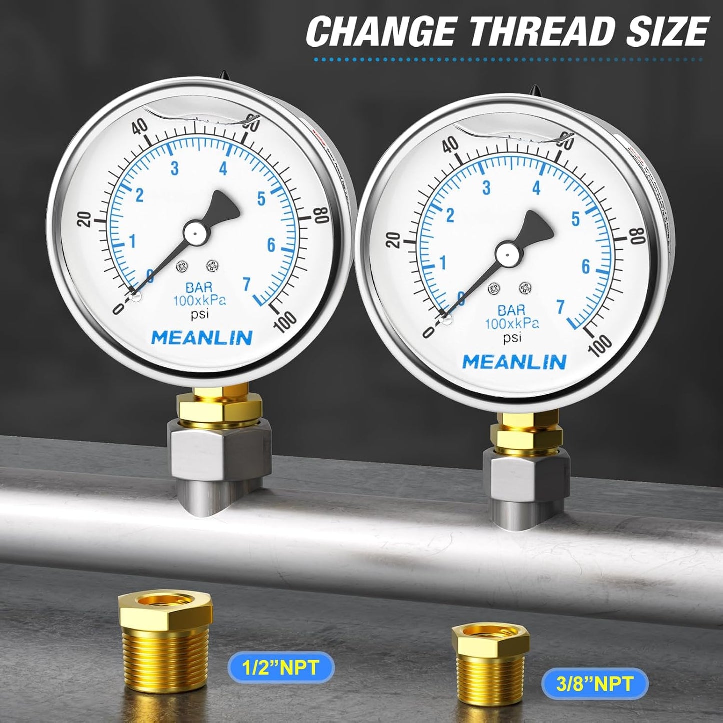MEANLIN MEASURE 0~100Psi Stainless Steel 1/4" NPT 4" FACE DIAL Liquid Filled Pressure Gauge WOG Water Oil Air Lower Mount, with 1/2" NPT and 3/8" NPT Hex Bushing