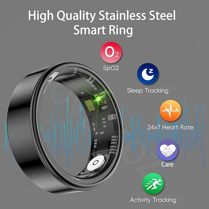 Smart Ring Health Tracker, Fitness Sleep & Heart Rate Monitor Tracker Smart Ring, Waterproof Bluetooth Fitness Tracker Ring IPX68 Waterproof (Black, 9)