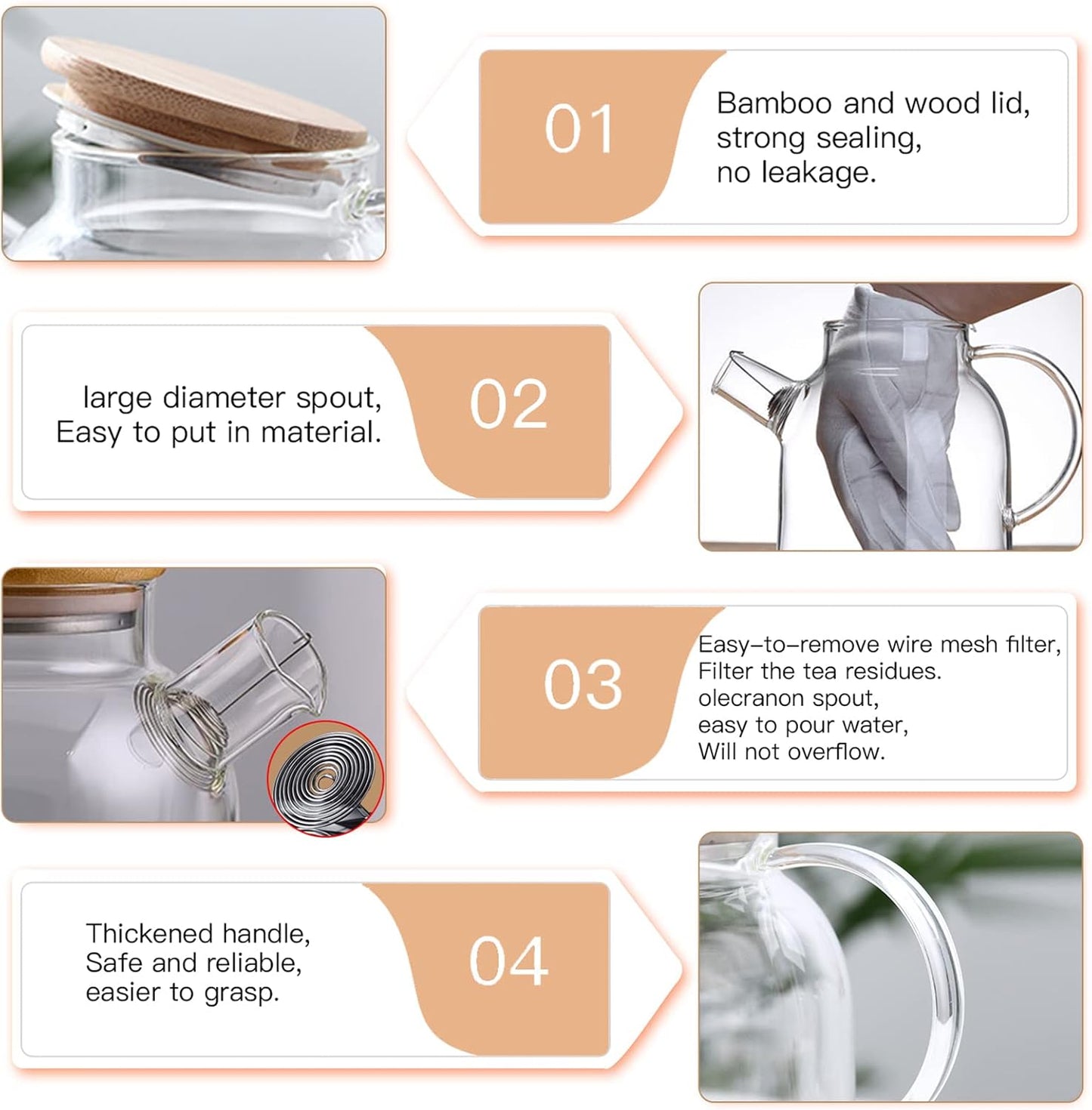 Glass Teapot 34oz/1000ml, Stovetop & Microwave Safe Borosilicate Tea Pot,Clear Teapot with Strainer, Glass Tea Kettle with Wooden Lid for Loose Leaf、Fruit Tea and Fragrant Tea