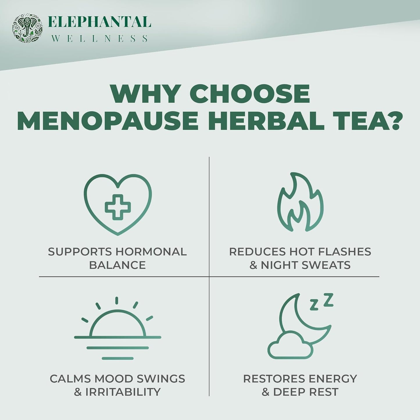 Elephantal Wellness Premium Menopause Herbal Tea | Hormonal Balance & Hot Flash Support with Chaste Berry, Red Clover, Black Cohosh & Valerian | Handmade, Caffeine-Free, Non-GMO Loose Leaf Blend | 2oz, 20 Servings
