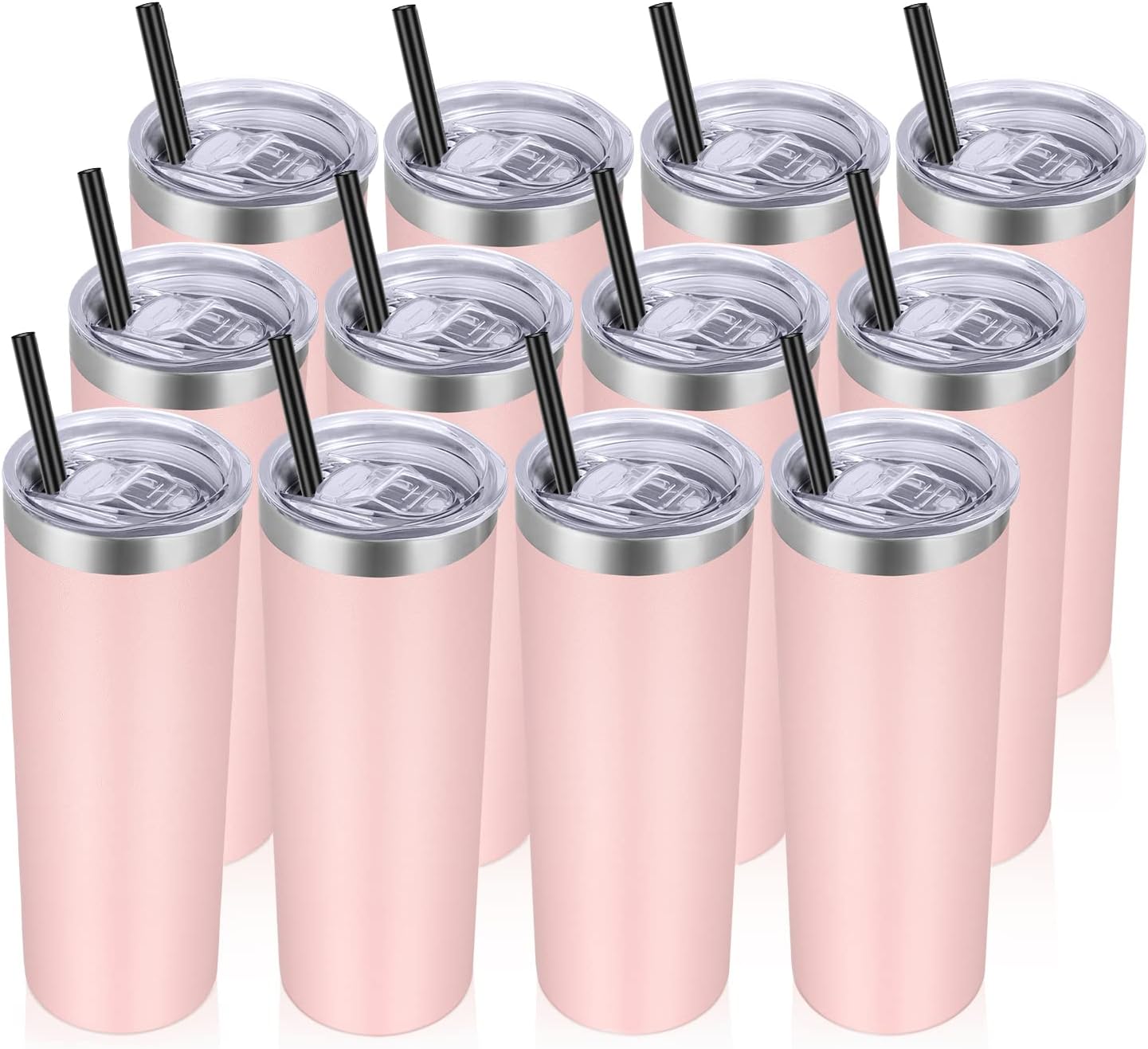 VEGOND Stainless Steel Tumblers Bulk 12 Pack, 20 oz Vacuum Insulated Skinny Tumblers with Lid and Straw, Double Wall Coffee Mug, Travel Water Cup, Light Pink