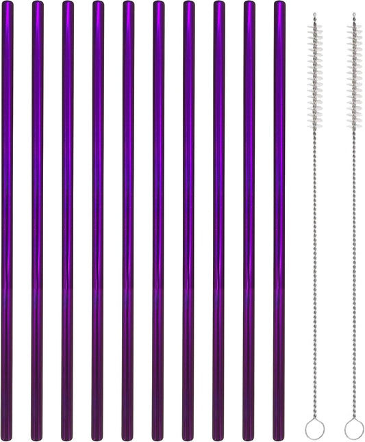 10 Pcs Stainless Steel Straws, Reusable Drinking Straws, Straight Metal Straw Sets with 2 Pcs Cleaning Brushes (8.5 Inch, Purple)