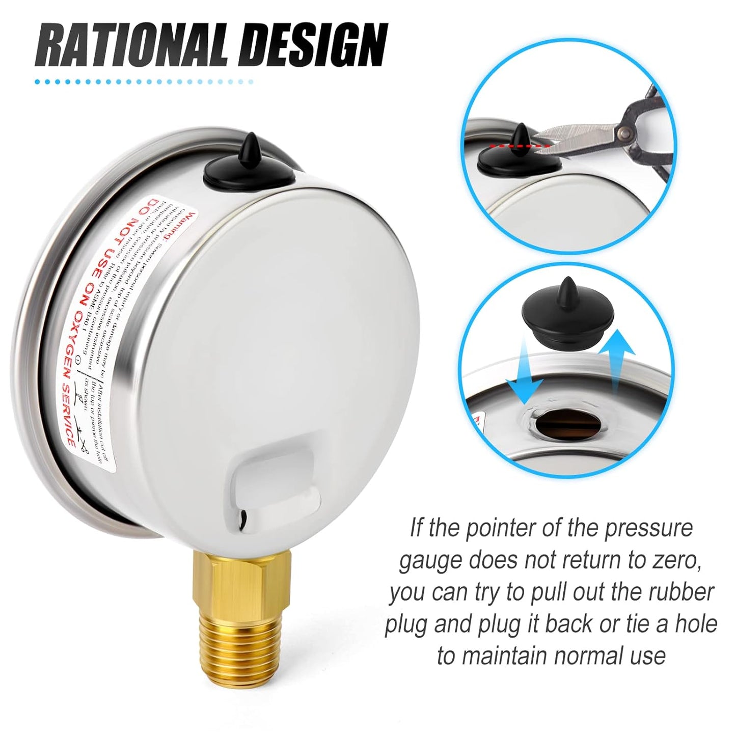 MEANLIN MEASURE 0~200Psi Stainless Steel 1/4" NPT 2.5" FACE DIAL Liquid Filled Pressure Gauge WOG Water Oil Air Center Back Mount, with 1/2" NPT and 3/8" NPT Hex Bushing