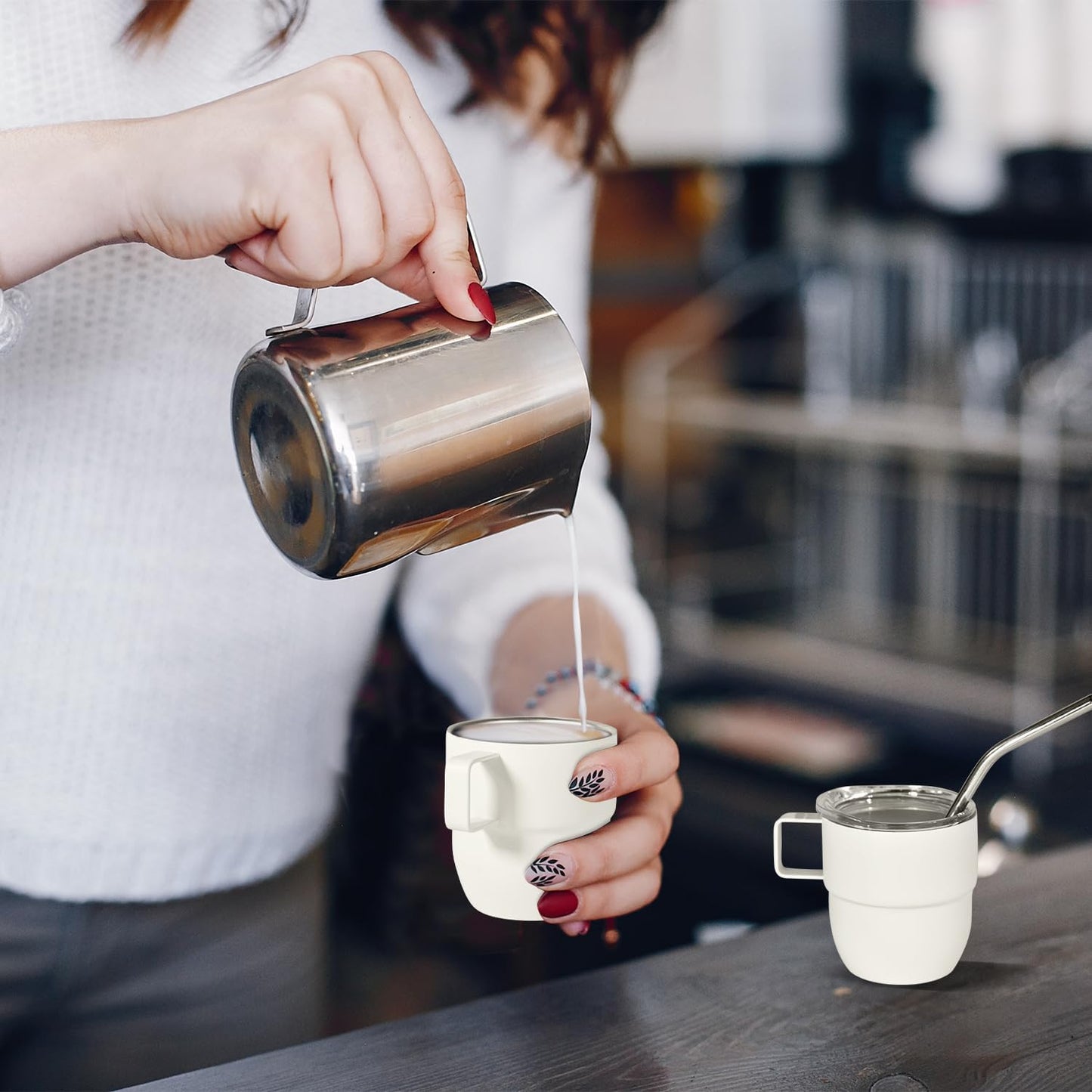 4oz Stackable Cup, Vacuum Insulated Espresso Cup Set of 2, Espresso Mug for Coffee, Double Wall Stainless Steel Mini Tumbler Shot Glasses with Straw and Lid (B-white2P, 4oz)