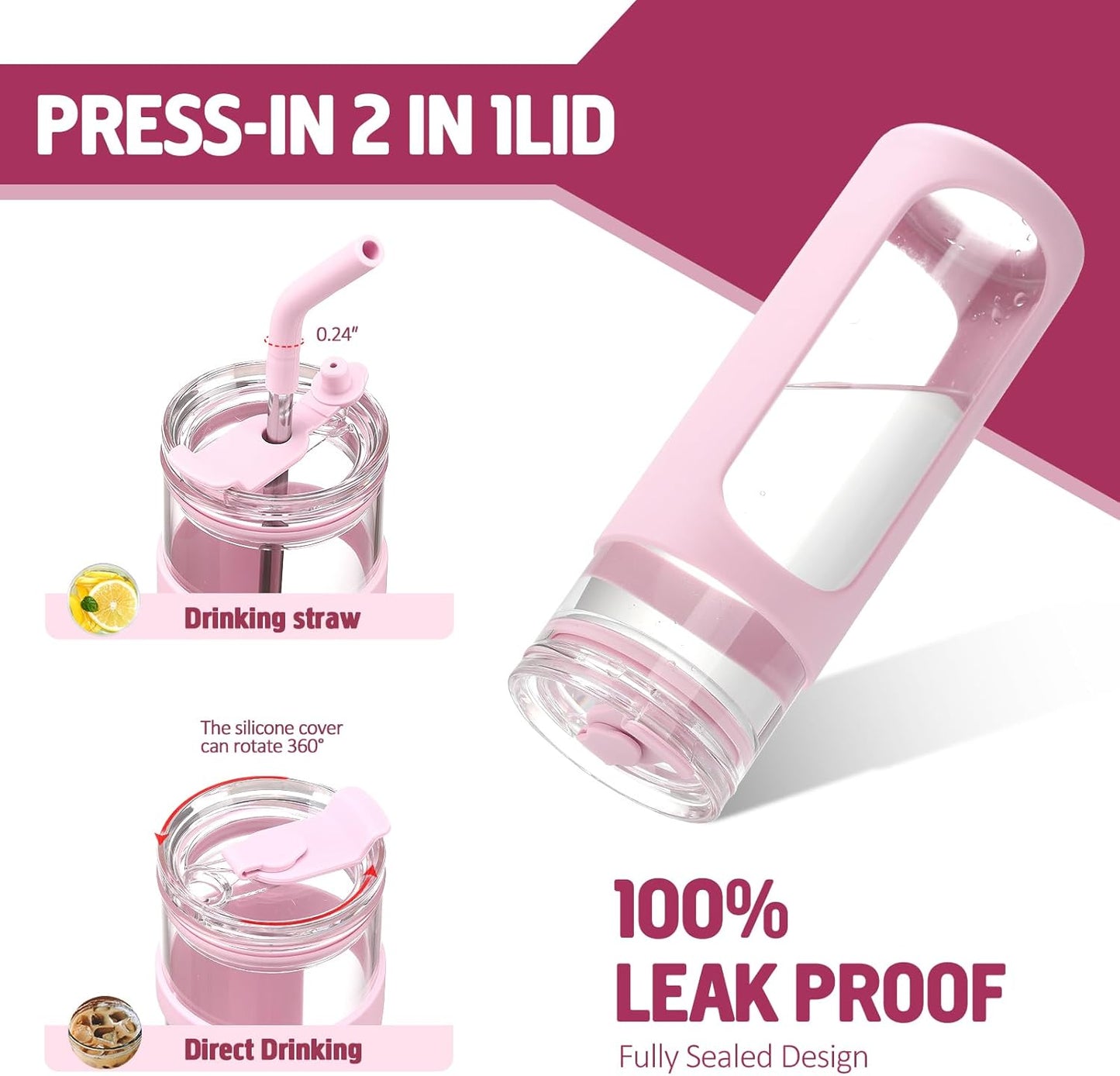 Kodrine 24oz Glass Tumbler with 2 Lids and Straws, Glass Cup With Bamboo Lid and On-the-go Lid, Reusable Iced Coffee Cup, Ideal for Smoothie, Cold Drinks, Fit Cup Holder, BPA Free (1, Pink)