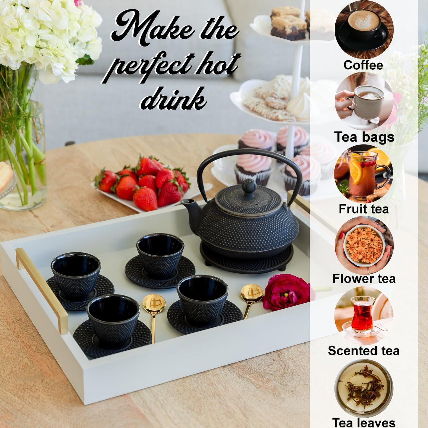 Large 11PC Japanese Tea Set "Gashu Black" Cast Iron Tea Pot 26Oz with 4 Tea Cups (2Oz each), 4 Saucers, Loose Leaf Tea Infuser and Trivet Ceremonial Matcha Accessories