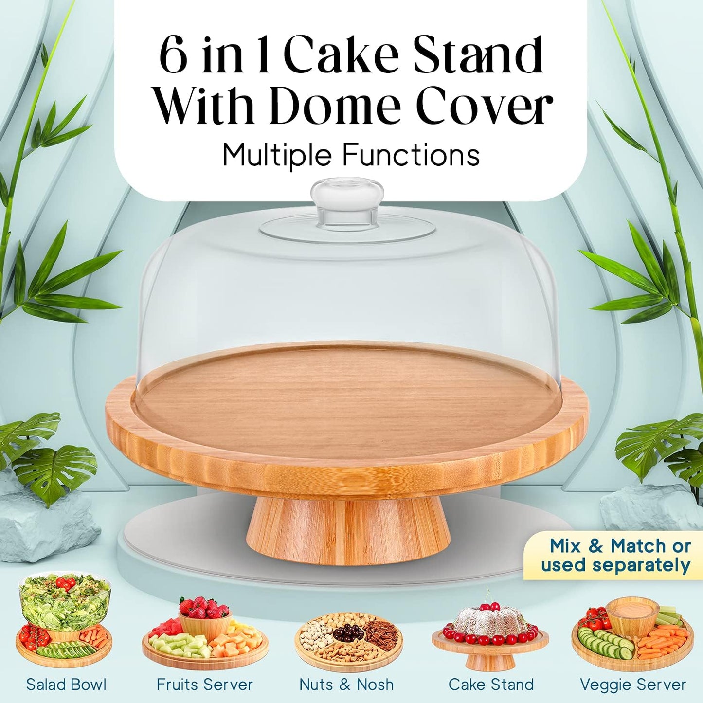 Homeries Bamboo Cake Stand with Lid, Cake Plate, (6 in 1) Multi-Functional Serving Platter, Large Cake Stand with Dome, Cake Display Stand with lid & Cake Dome - Use as Cake Holder, Cake Cover