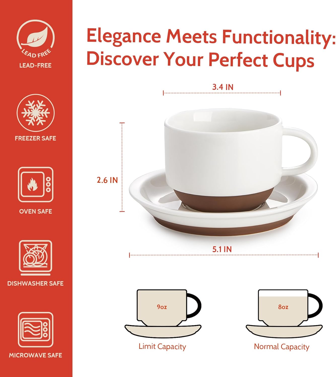 Sweese 8 Ounce Cappuccino Cups Set of 4, Porcelain Stackable Coffee Cups with Saucers and Metal Stand, Multicolor