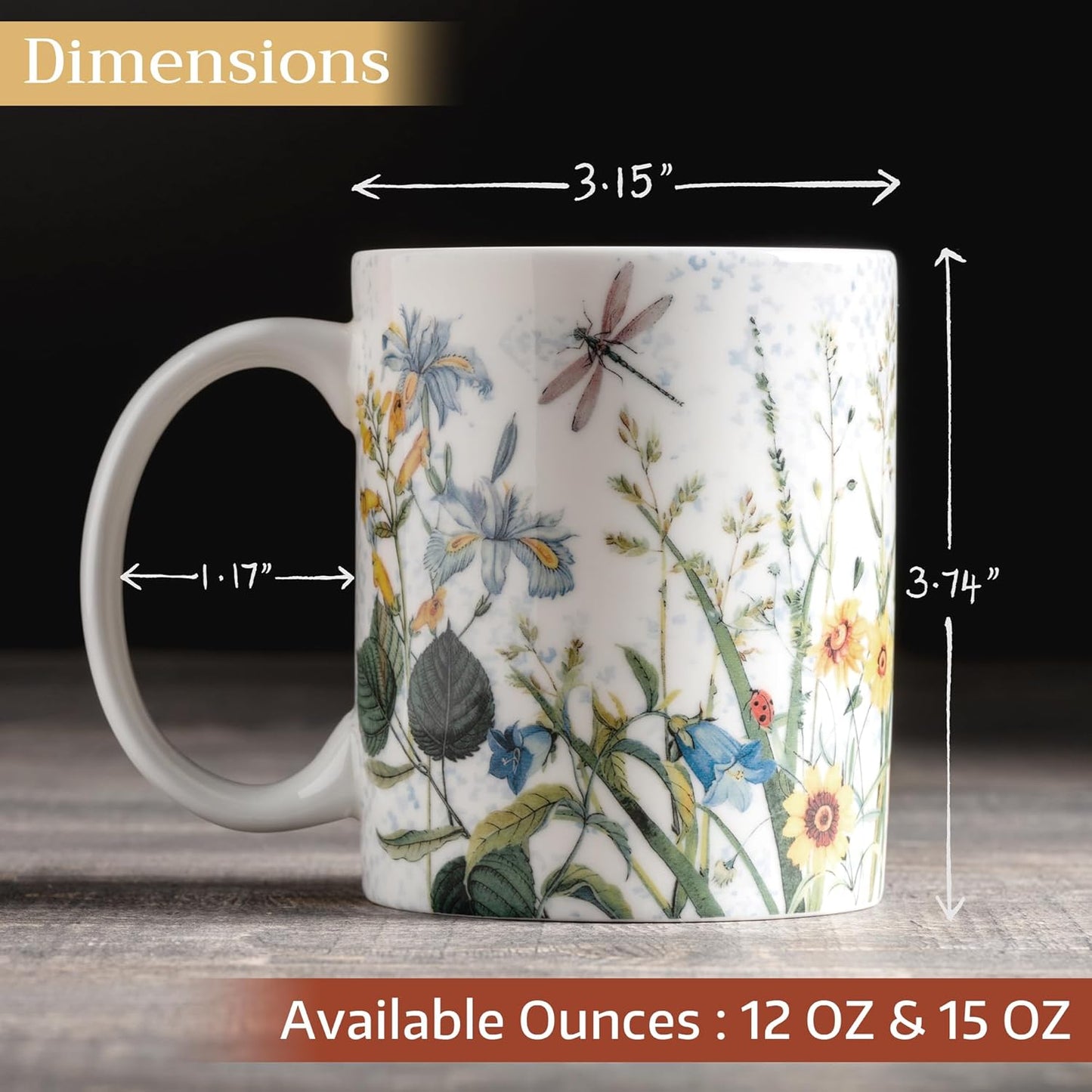 Maison d' Hermine Coffee Mug with Handles Fine Bone China Mugs Pack of One Tea Cups for Hot Beverages Cappuccino Latte Home Restaurant Office Perfect for Gift (Fleurs De Mai - Prairie, 12 Ounce)