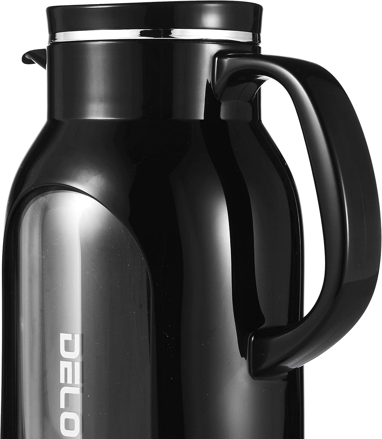 Delove 68 oz/2 Liter Glass Pitcher with Shatterproof Shell - Heat Resistant Glass Liner - Stainless Steel Lid - Carafe & Jug for Iced Tea,Hot/Cold Water,Homemade Juice Beverages (Black)