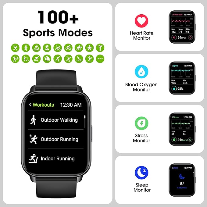 Smart Watch for Men Women, 1.91'' Big Font No App/Phone Required, Fitness Tracker with Pedometer, Bluetooth Call (Answer/Make Call), Heart Rate Blood Oxygen Monitor Step Counter, 100+ Sports Modes
