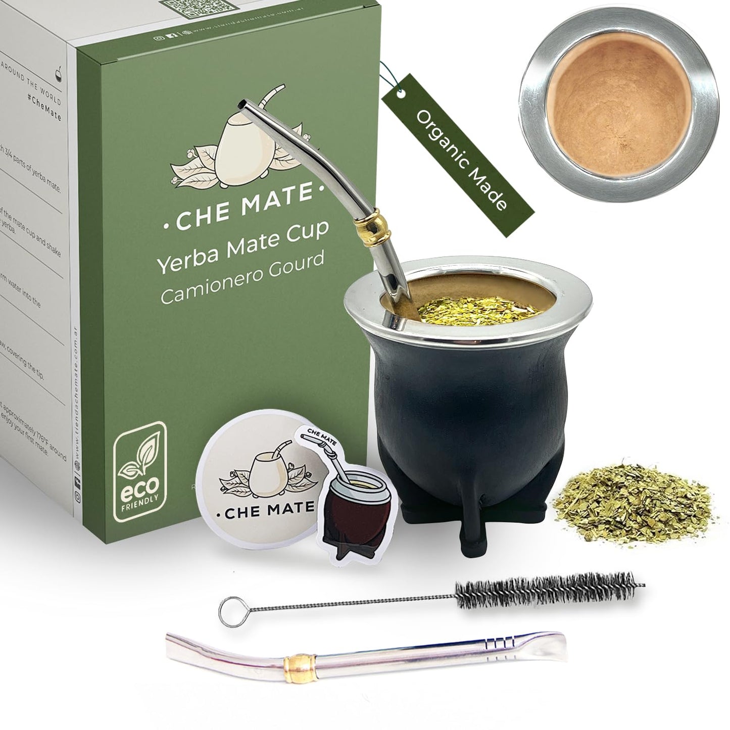 Premium Argentina-Uruguay Yerba Mate Cup and Bombilla Set, Organic Gourd Tea Mug with Steel Straw (Bombilla) and Cleaning Brush, Handcrafted for Loose Leaf Yerba Mate Tea - Camionero Version