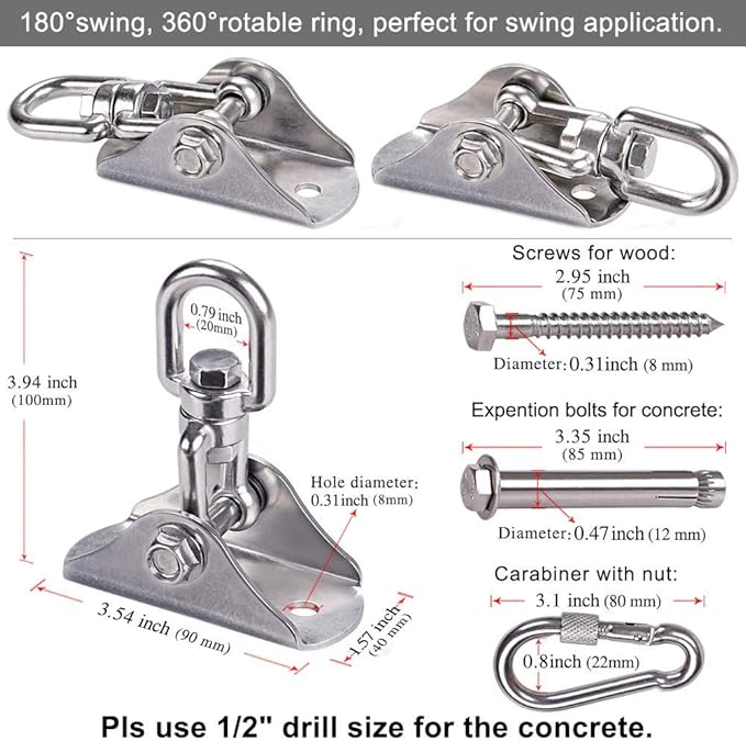 SELEWARE Swing Hangers Stainless Steel Swing Hooks Swivel Swing Mount Hardware w/Carabiners for Porch Swing Sets Hammock Chair Heavy Bag Yoga Silk Suspension Straps 1000 LB Capacity Each 2 Pack