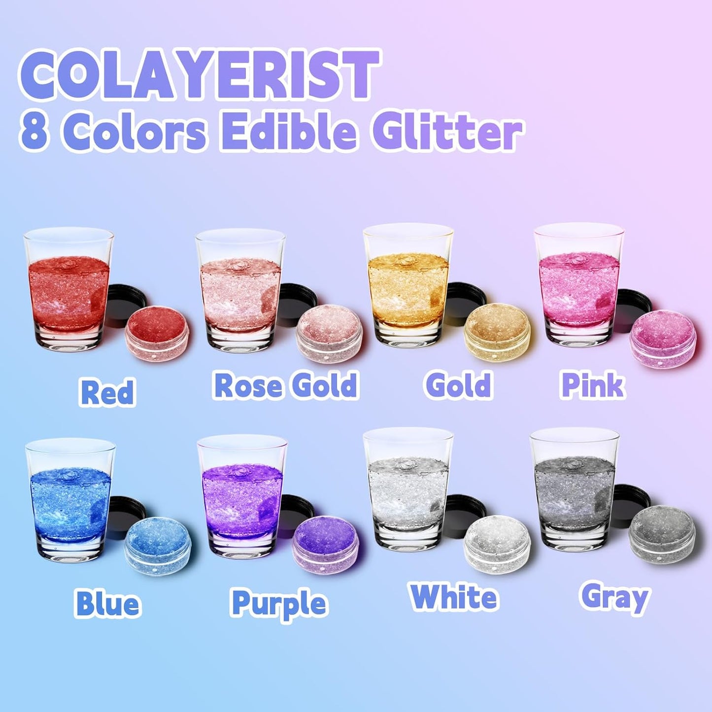 COLAYERIST Edible Glitter, 8 Colors Edible Glitter for Cocktails Drinks Cakes Cookies, Food Grade Vegan Luster Dust Edible, Drink Cocktail Champagne Food Cake Glitterr Bomb, 3g/Bottle