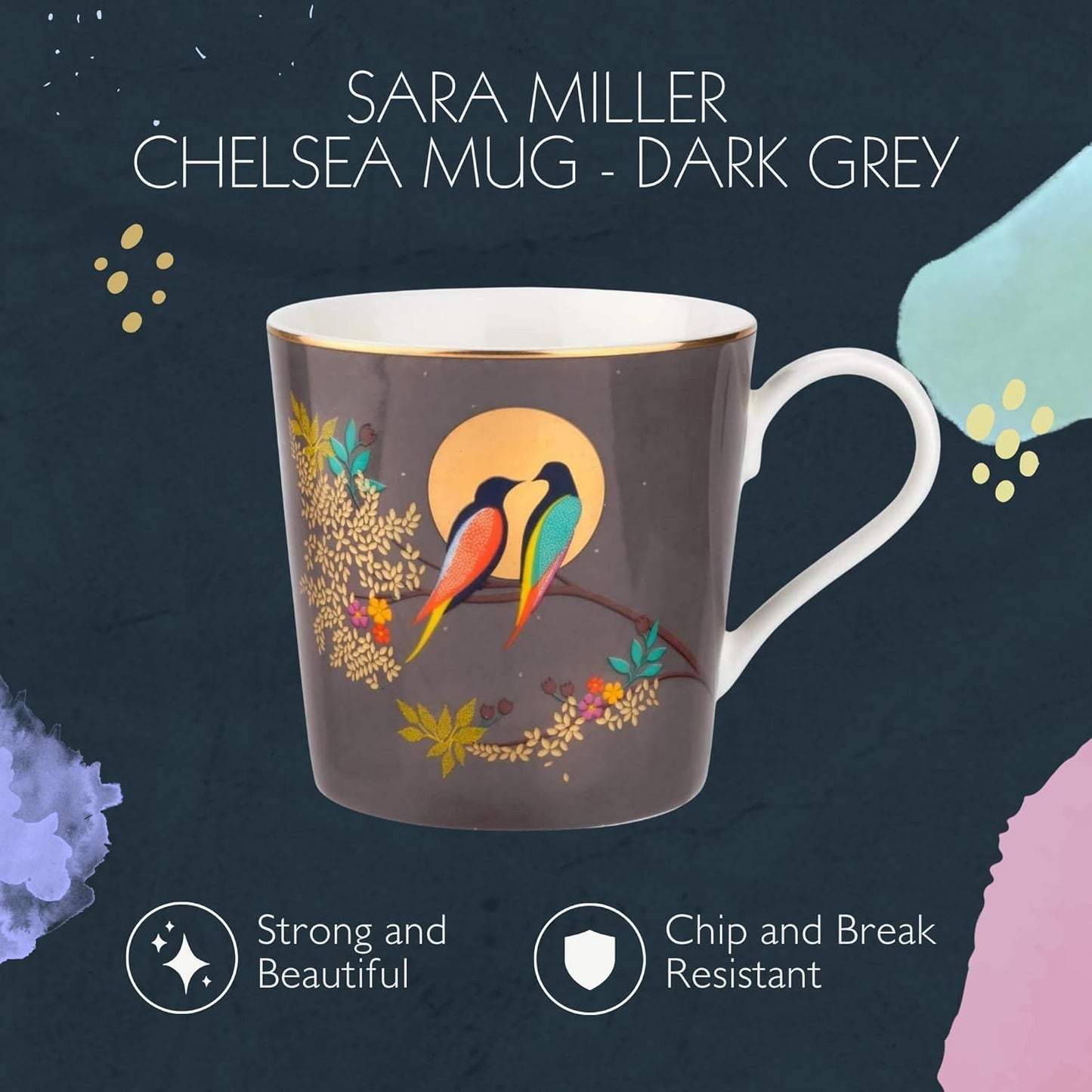 Portmeirion Sara Miller Chelsea Mug, Dark Grey - Elegant 12oz Fine China Cup with 22K Gold Details - Tea Time Chinaware for Afternoon Tea Presentation, Gift-Boxed Drinkware