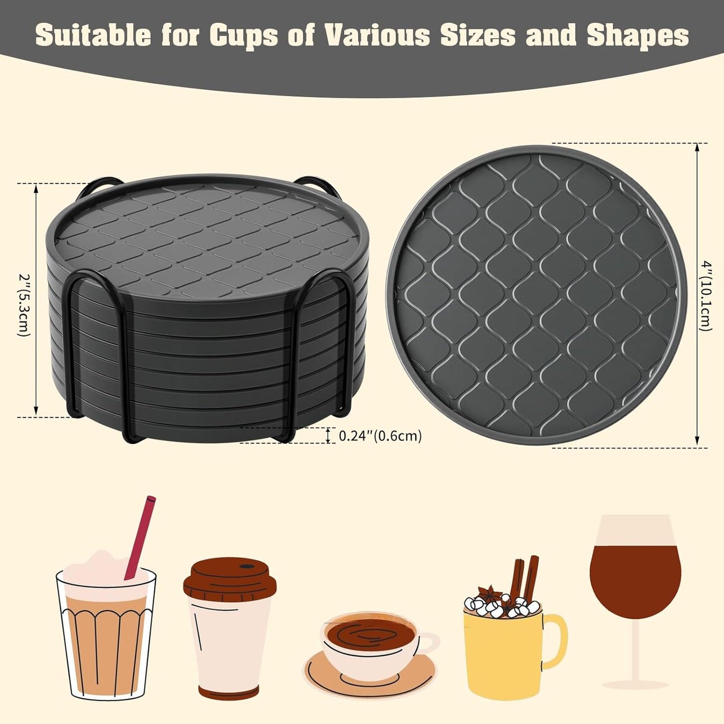Coasters Set of 8,Hot or Cold Drink Coasters with Holder,Modern Style Coffee Table Coaster,Suitable for Kinds Cups Beer,Drink,Anti-Overflow Tabletop Protection(Gray, 8pcs)