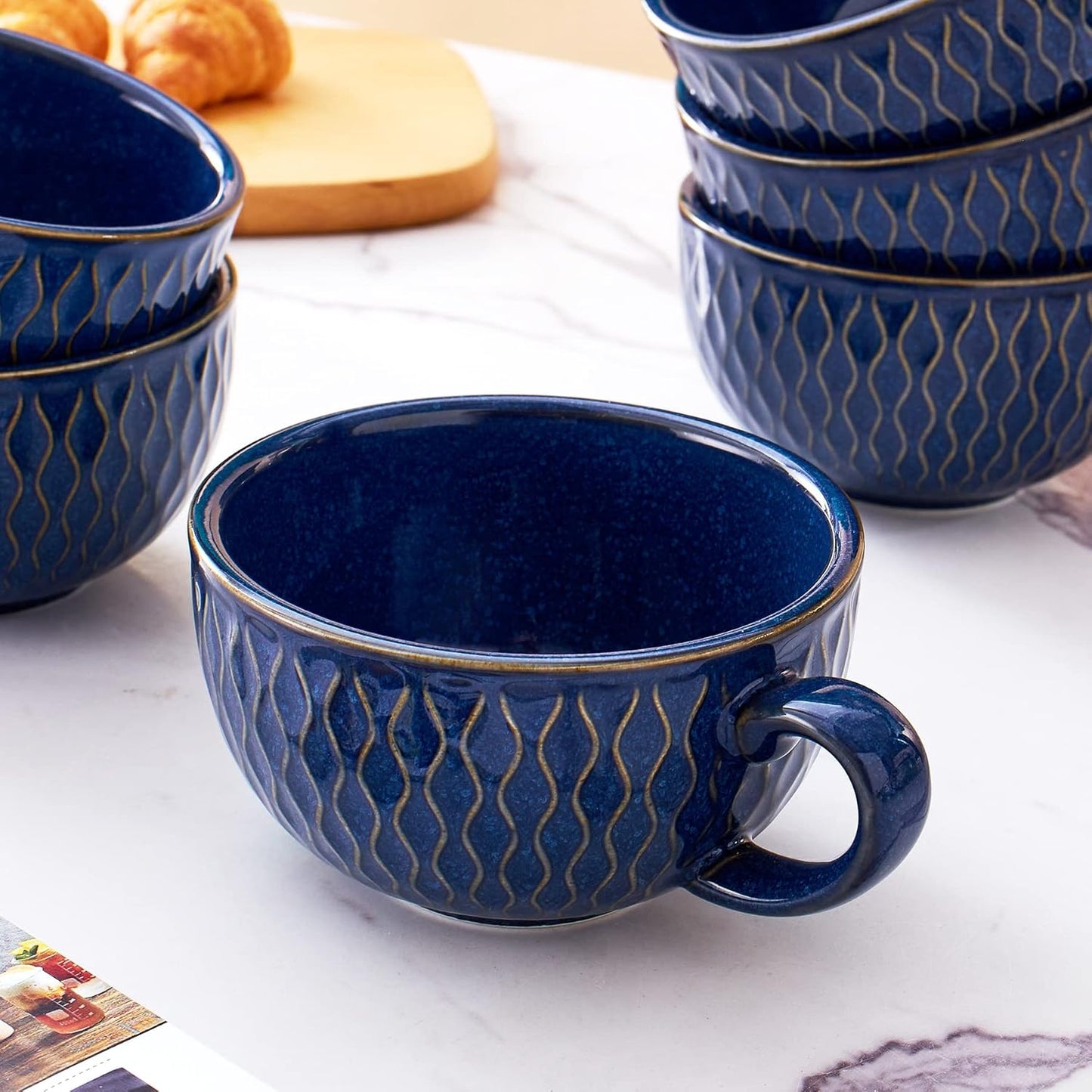 Set of 6 Cups Vintage Design 12 oz Professional Barista Ceramic Latte Art Cappuccino Cups Set (Embossed Blue * 6)