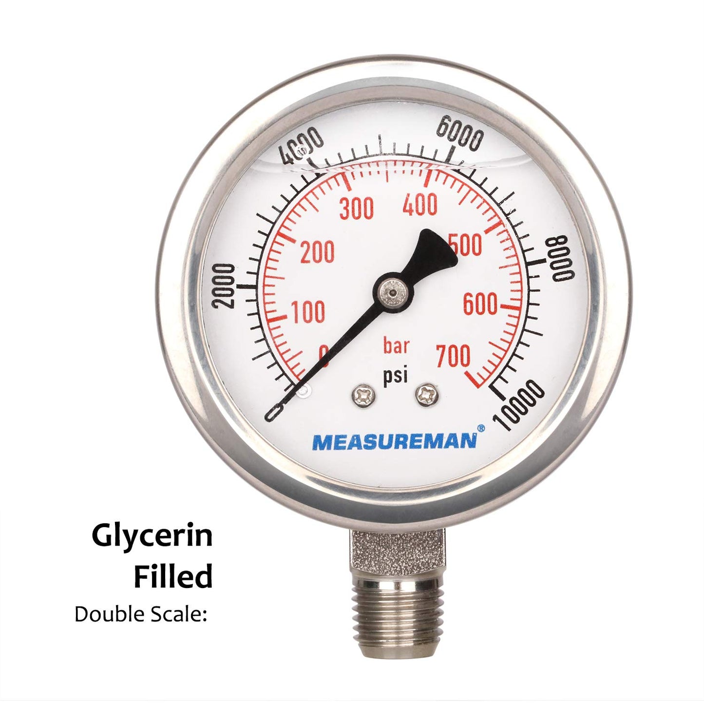 MEASUREMAN 2-1/2" dial,Glycerin Filled Hydraulics Pressure Gauge Stainless Steel case, 316 SS Wetted Part, 0-10000psi/bar1/4 NPT,Lower Mount