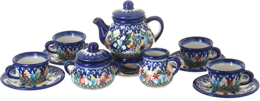 Blue Rose Polish Pottery - Blue Garden of Eden Miniature Tea Set - 1 Set - Polish Pottery Collectible Tea Set with Teapot & Cups, Decorative Gift