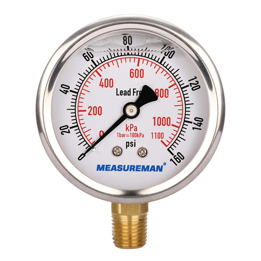 MEASUREMAN Lead-Free Pressure Gauge, 2-1/2inch Dial, Glycerin Filled, 0-160psi/kpa, Stainless Steel Case, 1/4inchNPT Lower Mount