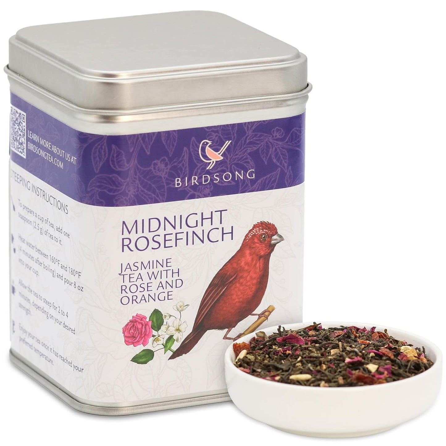 Birdsong Midnight Rosefinch: Organic Jasmine Green Tea with Rose and Orange, Light, Refreshing, Soothing Natural Tea with Citrus and Honey Notes, Medium Caffeine, Loose Leaf Hot Tea