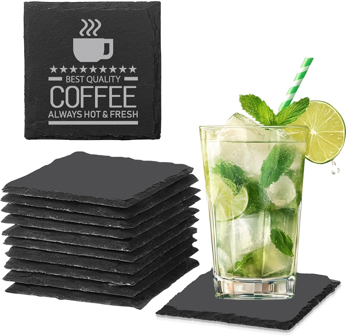 12 PCS Slate Coasters Black Square 4 Inch Bulk Rock, Blank Laser Engraving, Scratch Resistant Bottom, Home Office Kitchen Gift Wedding Bar Party (12 PCS Square Coasters)