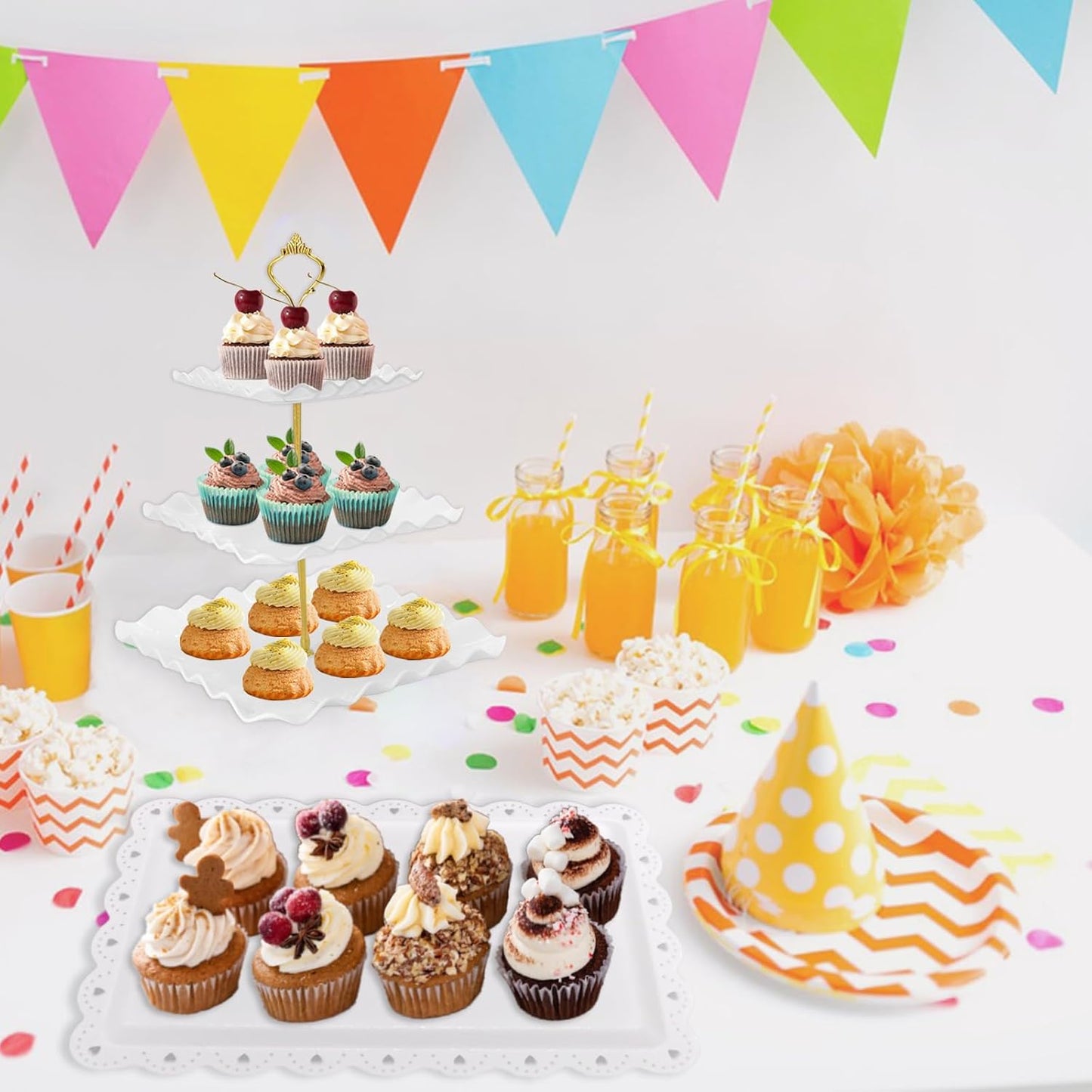 5 Pcs Dessert Table Display Set, White Plastic 2 Pcs Square 3 Tier Cupcake Stand Cup Cake Tower Stand with Metal Rod & 3 Pcs Serving Tray for Baby Shower, Tea Party, Wedding, Birthday Party